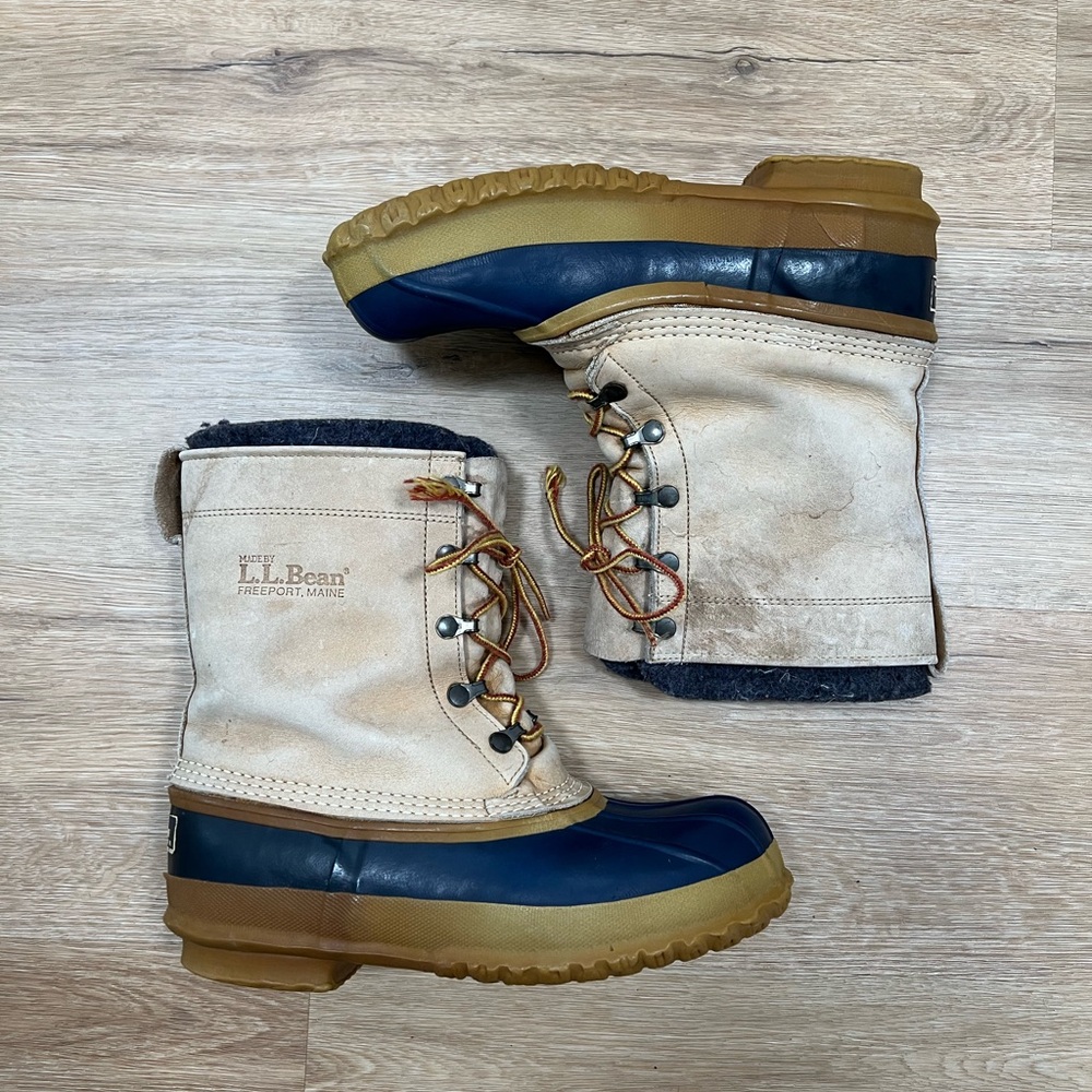 Vintage L.L Bean Boots Outdoors Hunting Winter Mens Size 7 Tan Blue Calf High